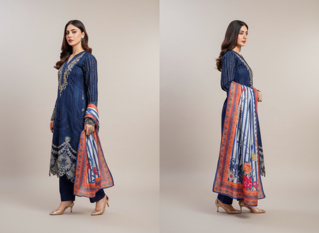 original khaddar soni blue embroidered 3 piece suit for women