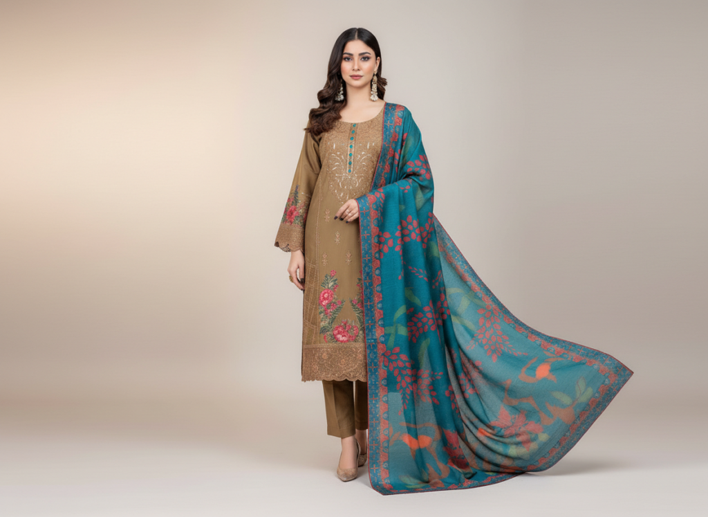 original khaddar soni brown embroidered 3 piece suit