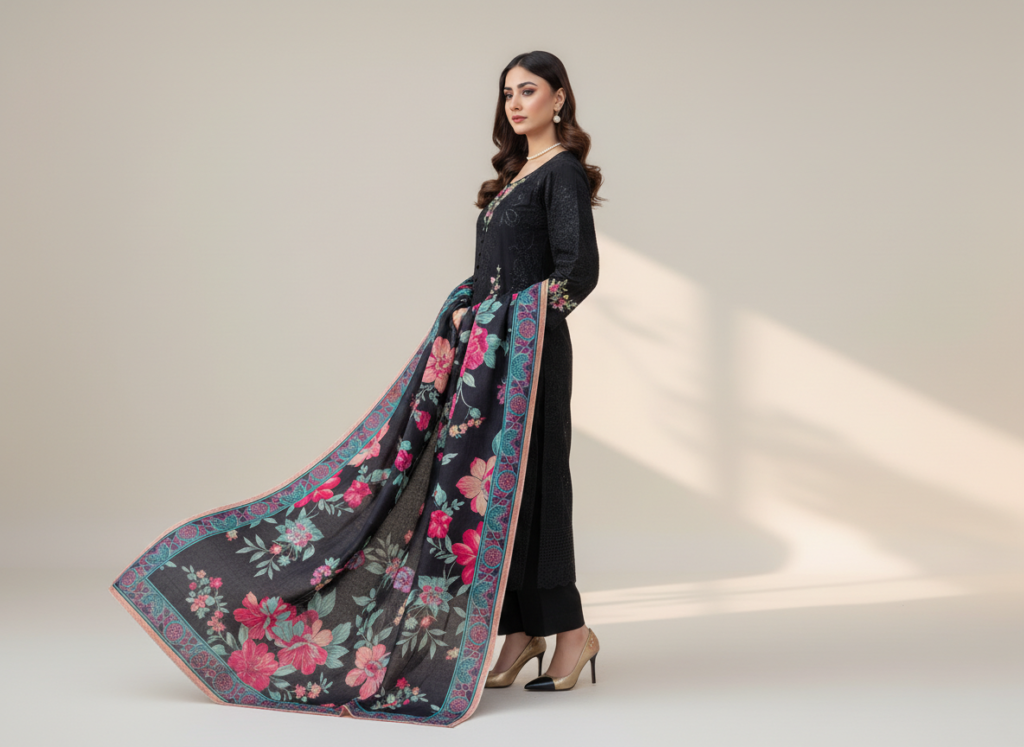 original khaddar soni black embroidered 3 piece suit