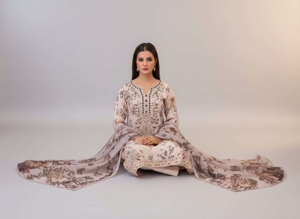 original khaddar soni rose pink embroidered 3 piece suit