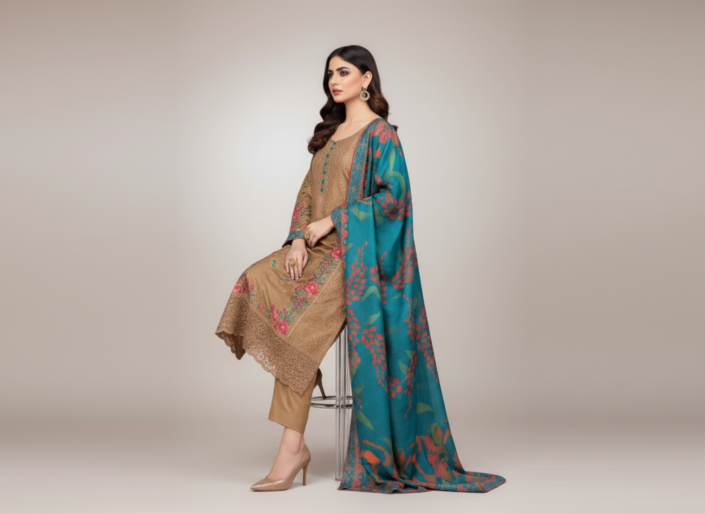 original khaddar soni brown embroidered 3 piece suit