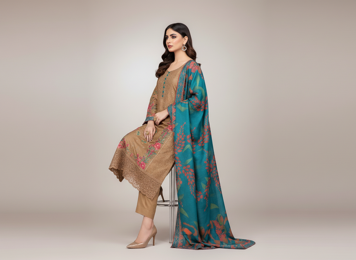 original khaddar soni brown embroidered 3 piece suit original khaddar soni brown embroidered 3 piece suit