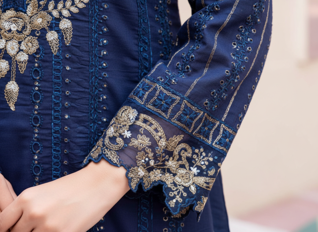 original khaddar soni blue embroidered 3 piece suit for women