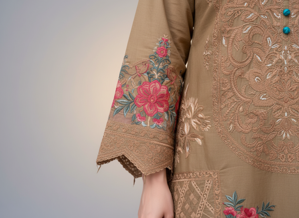 original khaddar soni brown embroidered 3 piece suit