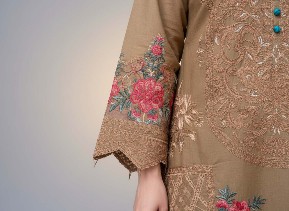original khaddar soni brown embroidered 3 piece suit original khaddar soni brown embroidered 3 piece suit