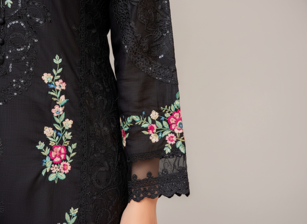 original khaddar soni black embroidered 3 piece suit