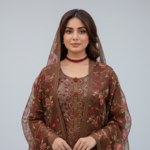 Home haya noor embroidered slub linen stitched 3 piece suit 03 winter collection