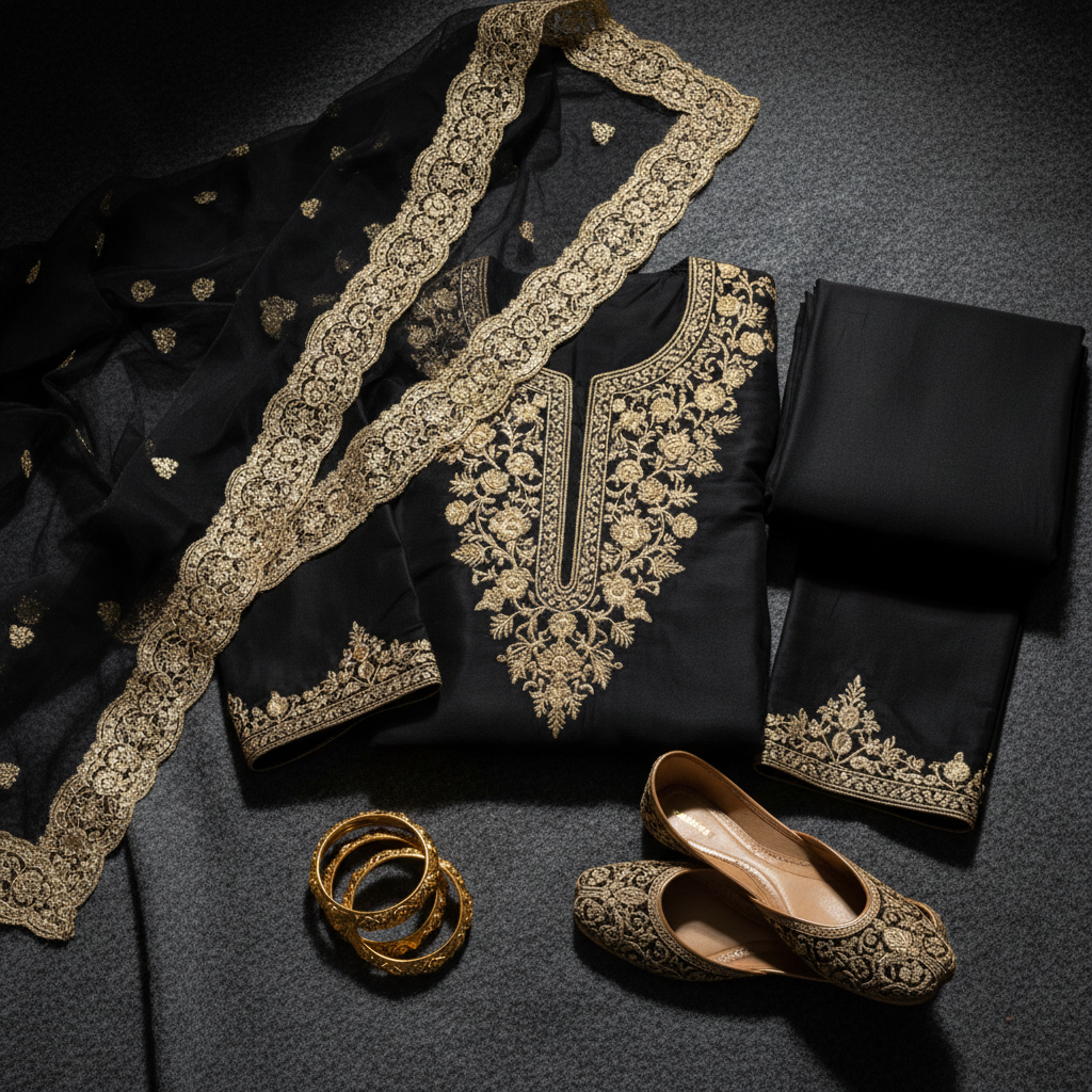 flat lay black & gold silk