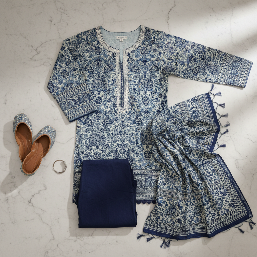 flat lay blue paisley print