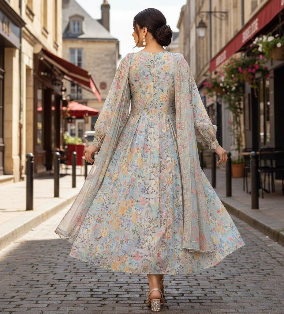 Pakistani summer dress for women, lightweight lawn fabric, pastel floral prints, modest ready-to-wear outfit